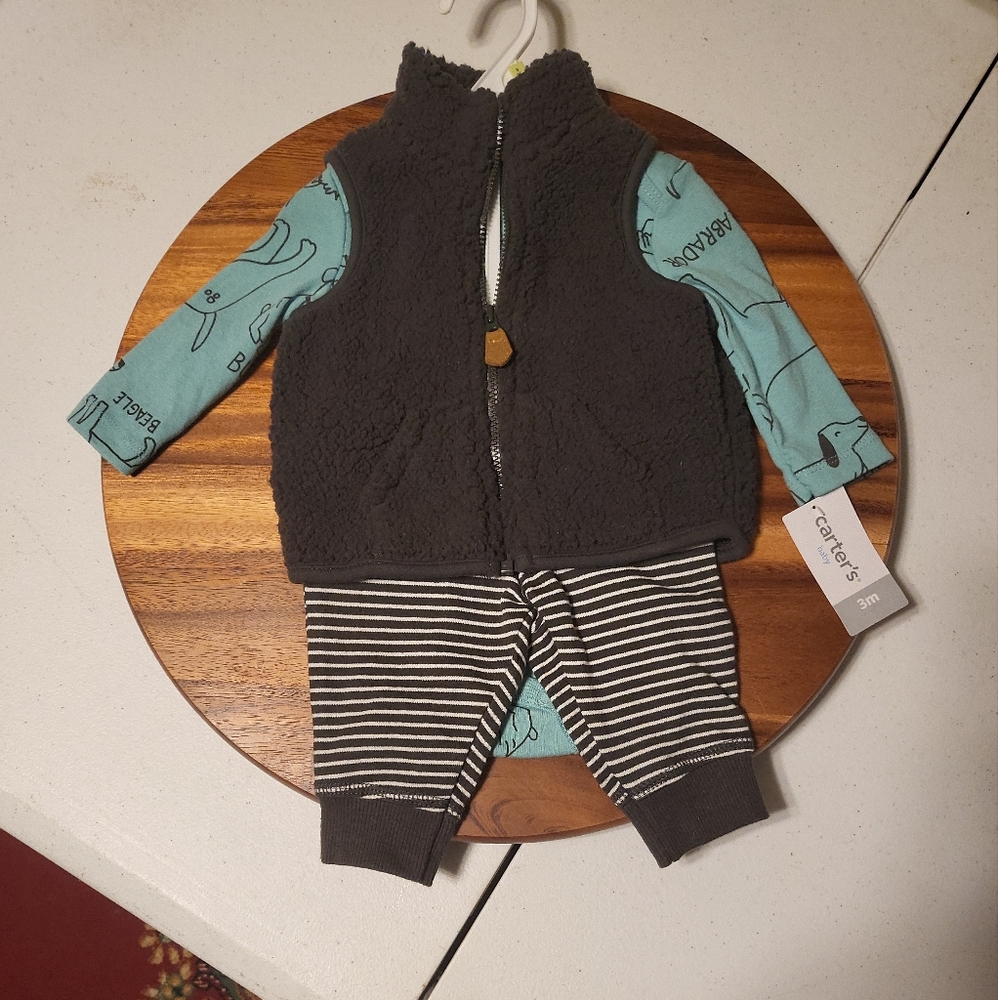 Brand New NWT Carter's Baby Full Outfit Dog Onesie Stripe Leggings Fuzzy  Vest